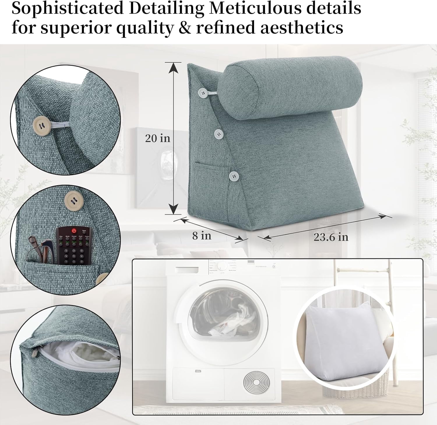 Reading Pillow for Adults Linen Back Pillow for Bed Sitting Up Wedge Pillow with Removable Washable Cover for Reading, Watching TV and Relaxing, Grey