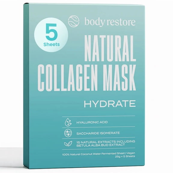 Body Restore Natural Collagen Face Mask 5 Pack – Korean Skin Care Sheet Mask with Fermented Coconut Water – Birthday Gifts for Women & Men, Support Deep Moisture, Dry Skin, Clean Beauty - Hydrate