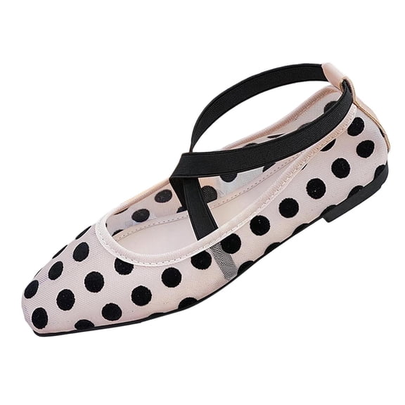 Xdegoge Flat Shoes for Women Closed Toe Ballet Flats Sheer Mesh Upper Retro Polka Dot Print Criss Cross Ankle Strap Dressy Attire