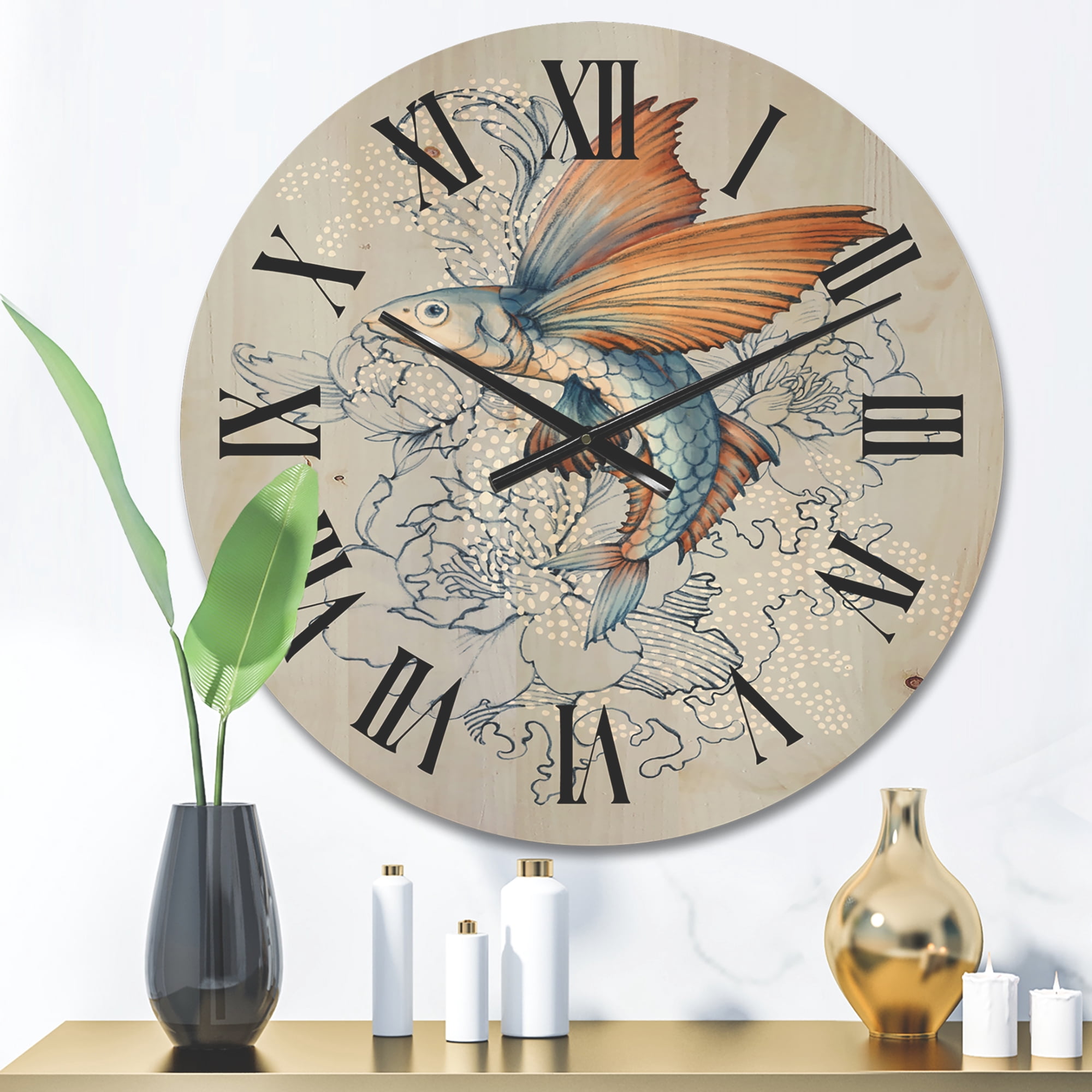 Designart 'Flying Fish and Peonies' Traditional Wood Wall Clock