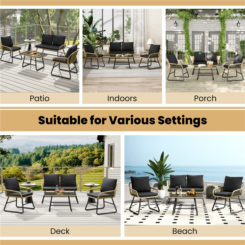 Renwick 4-Piece Patio Wicker Conversation Set with Loveseat, Table, 2 Chairs, Tan/Black