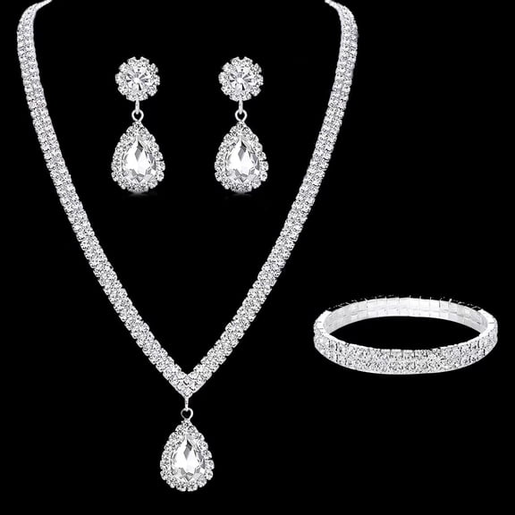 Linvycle 3Pcs Teardrop Crystal Jewelry Set, Silver Rhinestone Necklace, Dangle Earrings & Bracelet, Sparkling Formal Jewelry Accessories for Wedding, Prom, Party