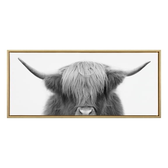 Kate and Laurel Sylvie Hey Dude Highland Cow Framed Canvas Wall Art by The Creative Bunch Studio, 18x40 Gold, Decorative Farmhouse Wall Décor