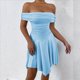 thumbnail image 4 of Vestido Corto de Cóctel con Hombros Descubiertos, Dobladillo Fruncido y Corsé Fruncido para Mujer Azul S, 4 of 10