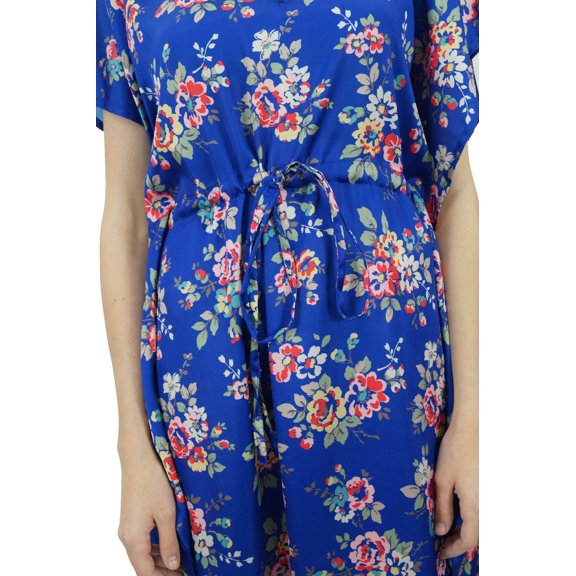 Bimba Women's Long Satin Maxi Drawstring Floral Kaftan Kimono Blue Gown - 16