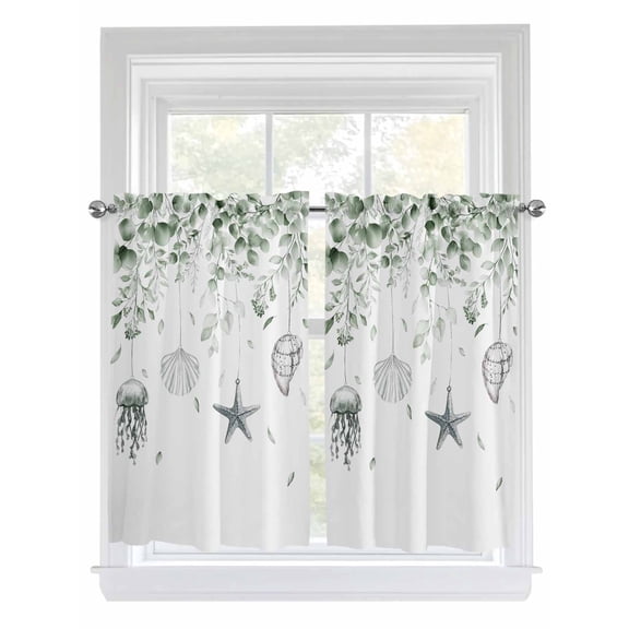 Sage Green Eucalyptus Coastal Tier Curtains 45 Inches Long, Beach Conch Jellyfish Window Treatment Curtain Drapes, Window Half Privacy Curtains for Bedroom Bathroom, 42"x45", 2 Panels