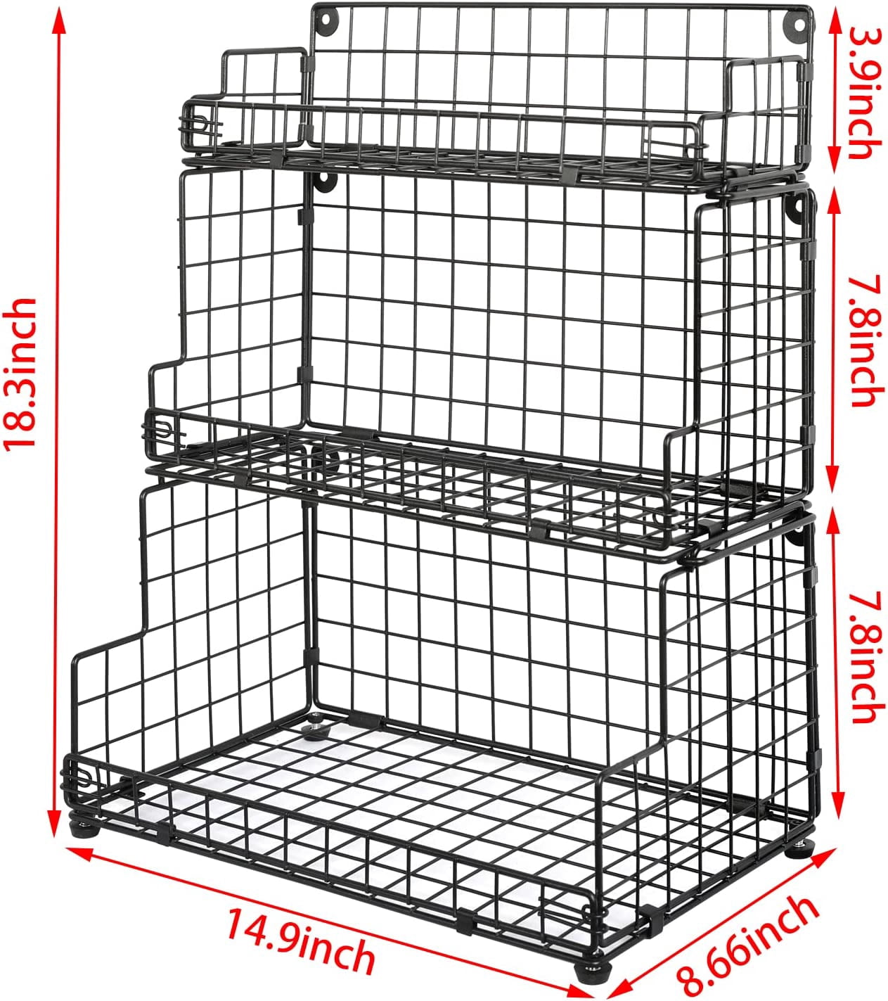 X-COSRACK 3-Tier Stackable Wire Basket, Foldable Metal Storage Bin for Kitchen Pantry & Countertop, Wall Mounted Fruit and Vegetable Organizer for Onion Potato Snacks, Black