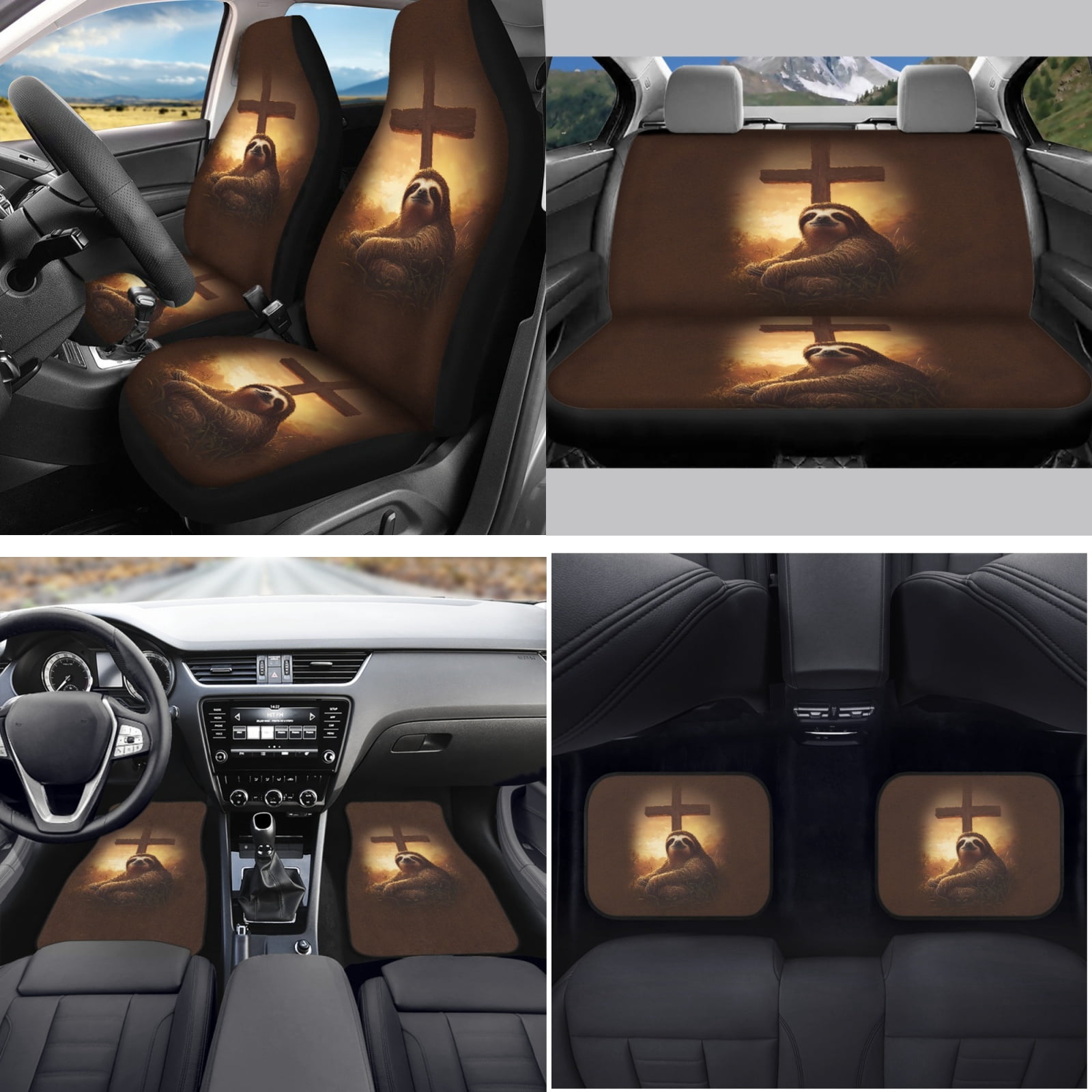 Yuyamidu Sloth Car Seat Covers Full Set of 15 Cross Car Floor Mats Auto Steering Wheel Cover Seatbelt Covers Handbrake Sets Cup Coasters Brown Auto Accessory Decor