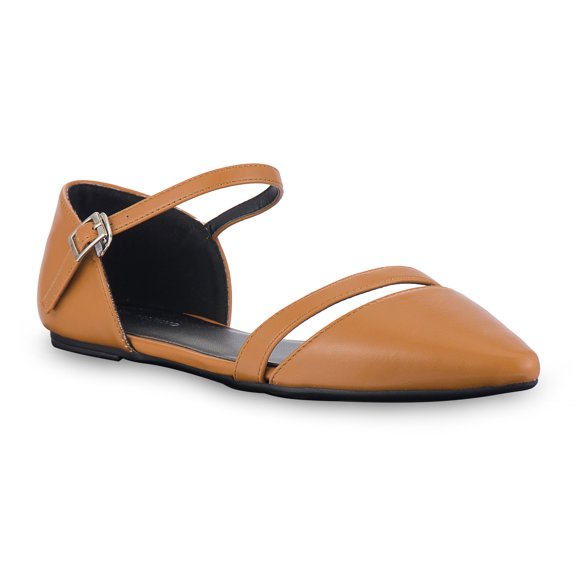 Mio Marino D'Orsay Pointed Toe Flats - Womens Ankle Strap Dress Shoes - Quick Release Buckle (Beige, 5.5)