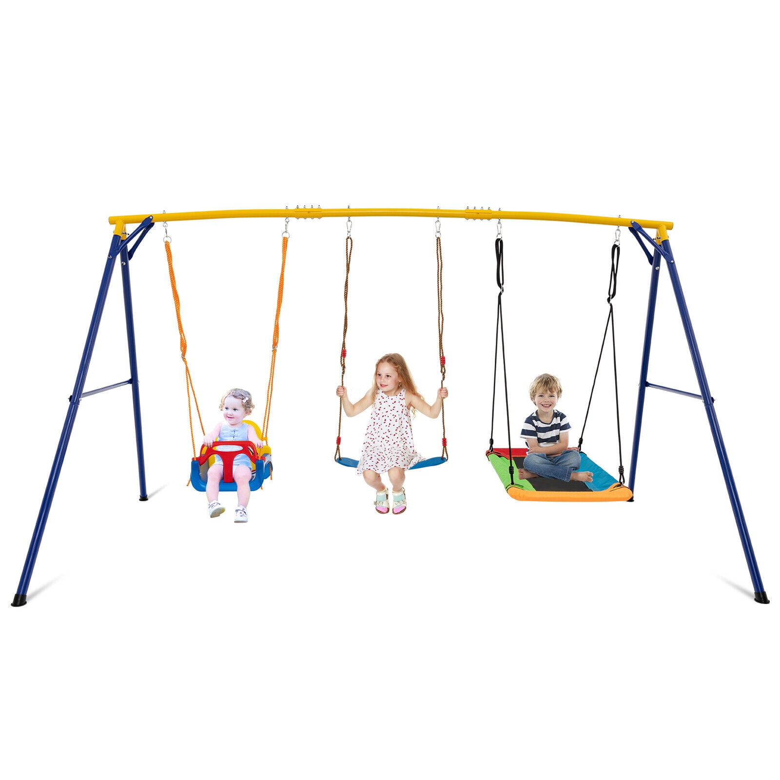 Amijoy 3-in-1 Kids Swing Set, 660 LBS Carbon Steel Swing Frame w/ Belt Swing, Platform Tree Swing & Baby Swing Seat