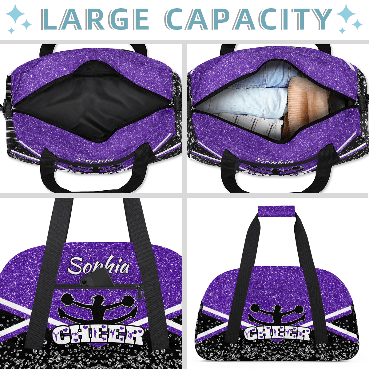 Jiaoprinted Personalized Cheerleader Bag Dance Bag, Custom Sport Gym Bag with Name, Customized Travel Duffel Bag for Cheer Team, Purple Glitter