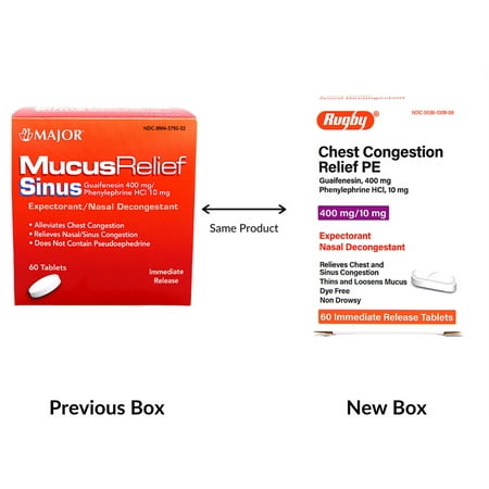 Mucus Relief PE Guaifenesin 400 mg Expectorant and Phenylephrine 10 mg Nasal Decongestant Generic for Mucinex Sinus Tablets 60 ea. Per Bottle Pack of 3 Total 180 Tablets