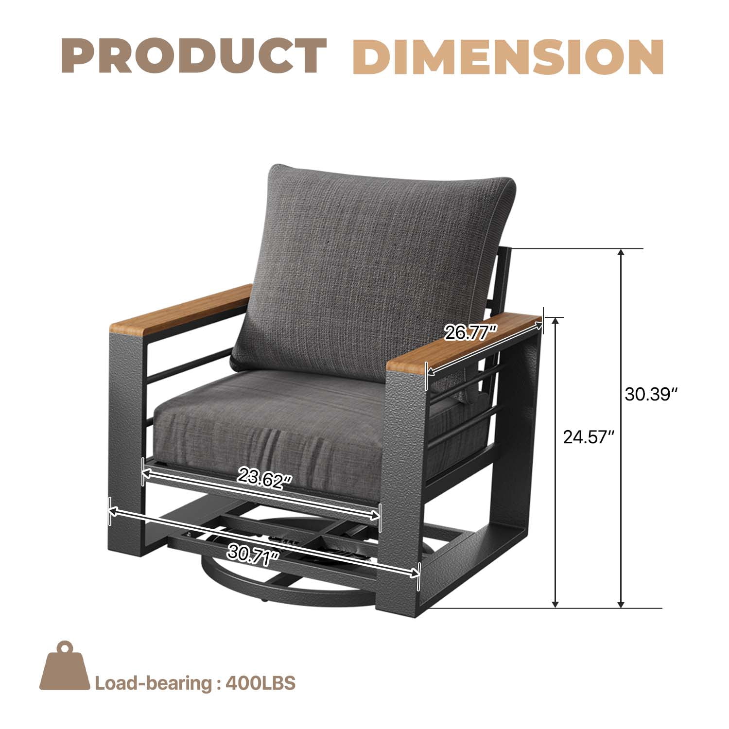 BaPiPro 2PCS Outdoor Swivel Patio Chairs, All Aluminum Frame with Wood-Look Armrest, 24 Inch Extra Wide Seat Fade Resistant Cushioned Single Sofa Chairs for Backyard Pool, Dark Gray