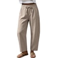 thumbnail image 4 of Tqcoqu Women's Wide Leg Casual Pants with Pockets,Linen Blend Elastic Drawstring Waist Cropped Loose Pants,Beige Women's S-XXL, 4 of 9