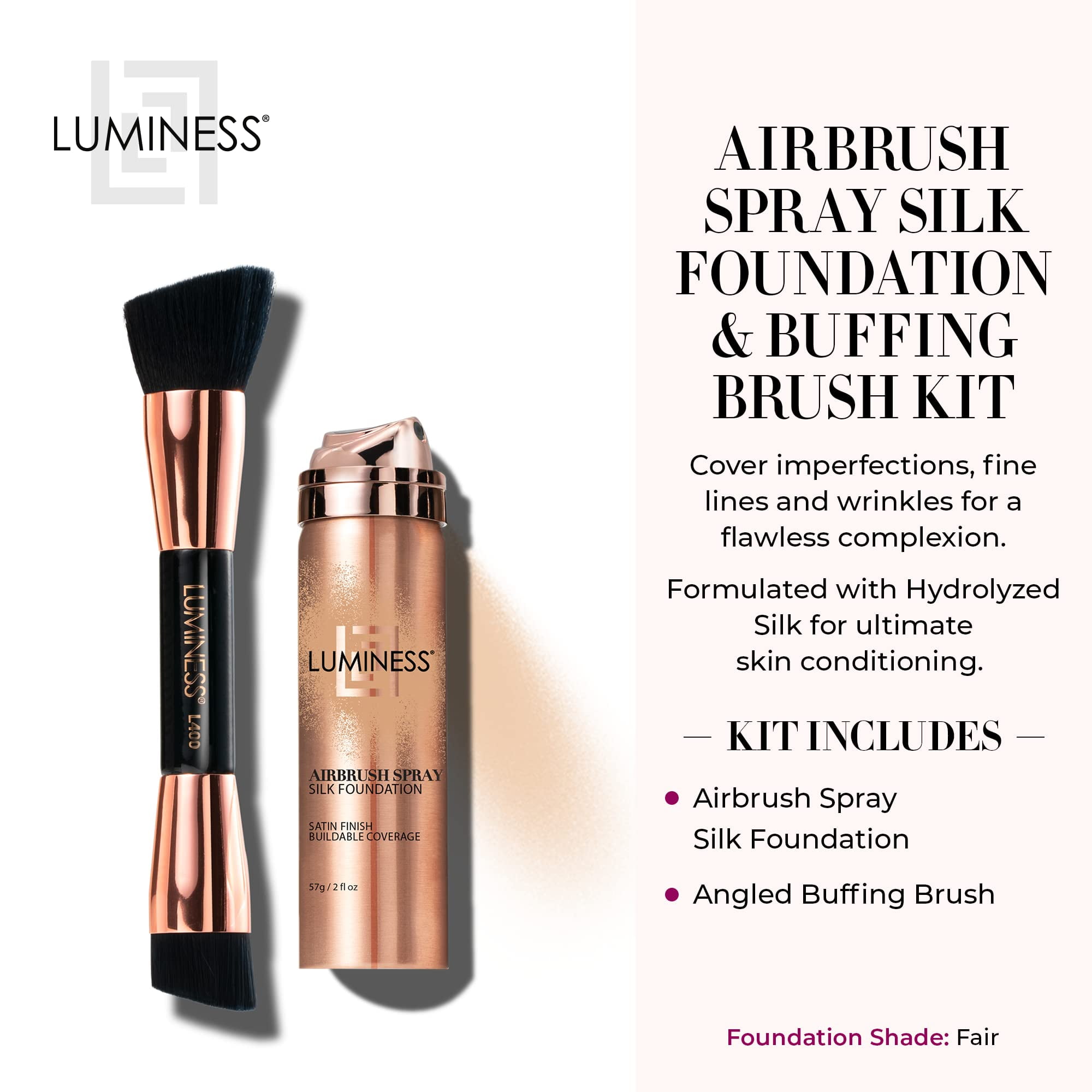 LUMINESS Silk Airbrush Spray Foundation & Buffing Brush Kit – Full Coverage Foundation & Dual-Sided Buffing Brush - Buildable Coverage, Anti-Aging Formula Hydrates & Moisturizes (Shade - Fair)