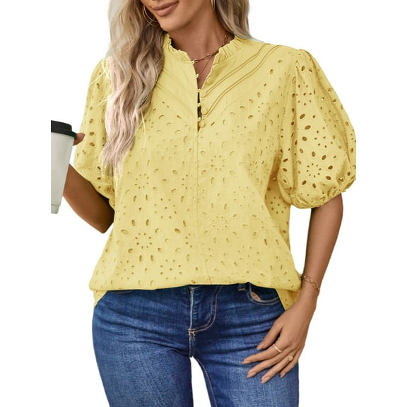 UVN Summer Blouses for Women Short Sleeve Shirts Ladies Hollow Out Lace Blouse V Neck Dressy Casual Tops