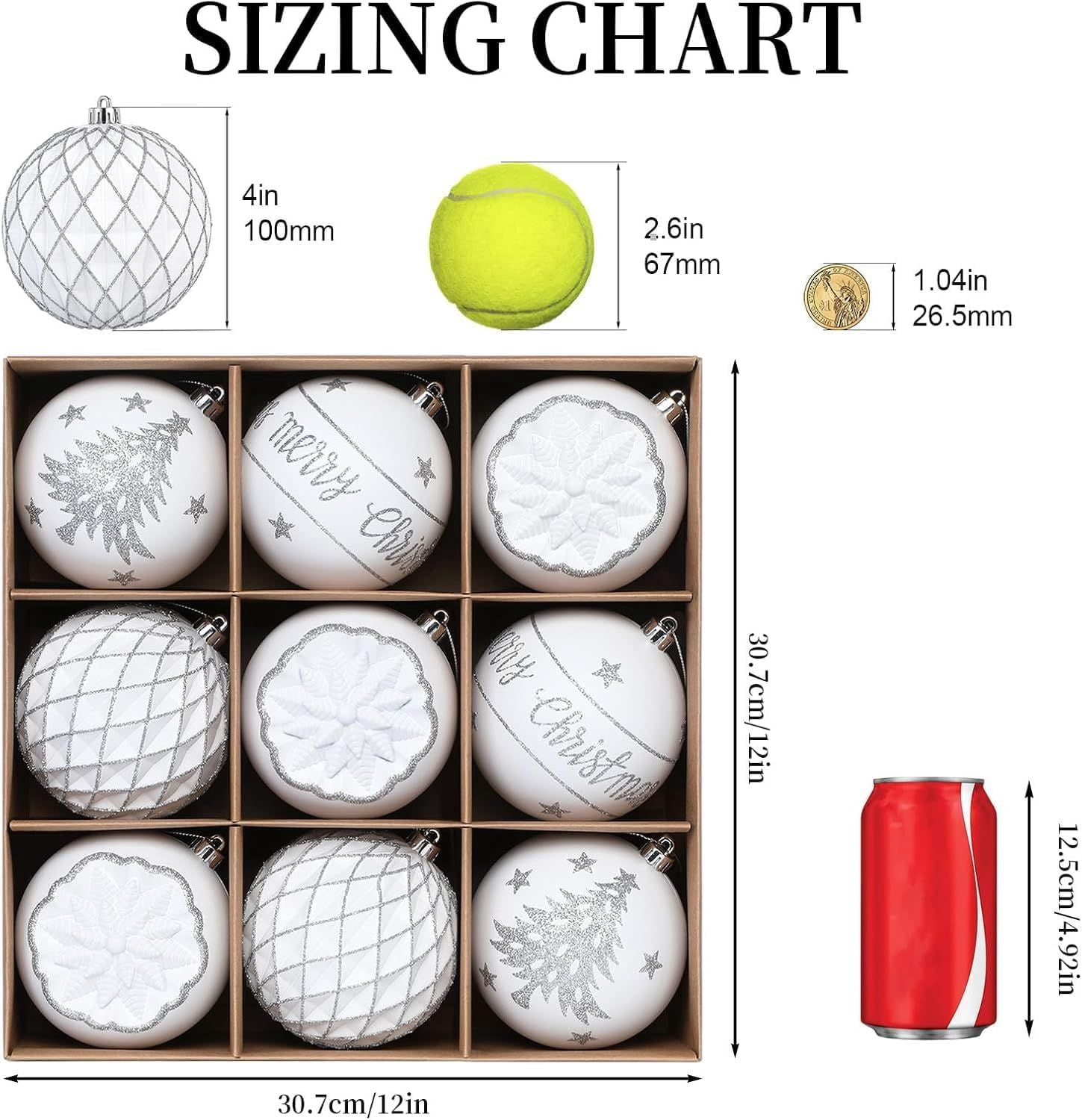 100MM/4 Inch 9PCS Large Christmas Balls Ornaments, Shatterproof Plastic Hanging Big Baubles Set for Xmas Tree Decoration Holiday Party Wedding Decorations with Hook