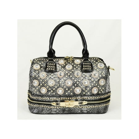 Croc Satchel Bag - Silver Glitter Accent Croc Pattern Zipper Hand Bag Purse