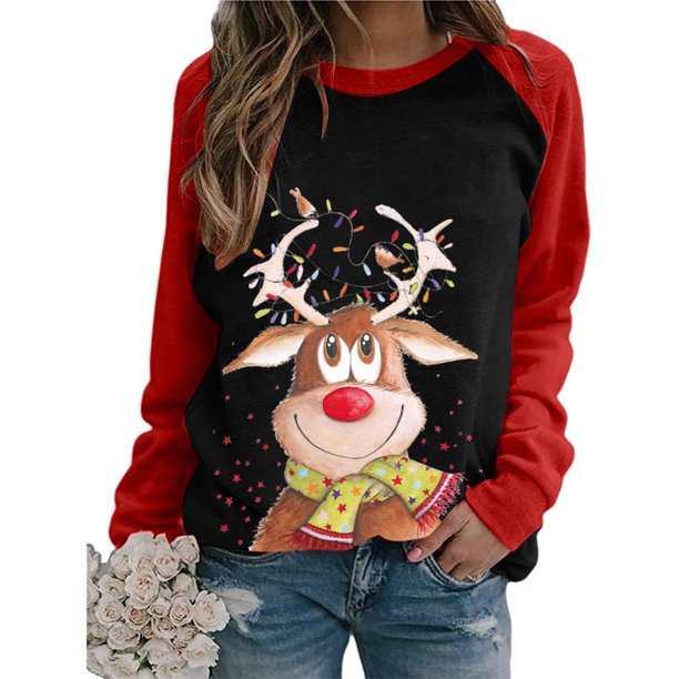 Puntoco Mujeres Casual Navidad Impresión Raglan Manga Larga Camisas Blusa tops Puntoco Puntoco-2122