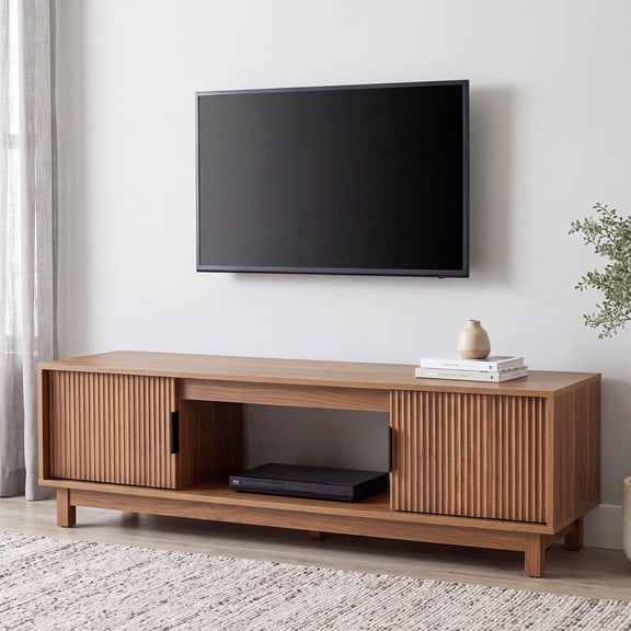 EDX Rattan TV Stand for 50" TV , Media Console Table with Storage with Cabinets and Shelves for Living Room, Brown