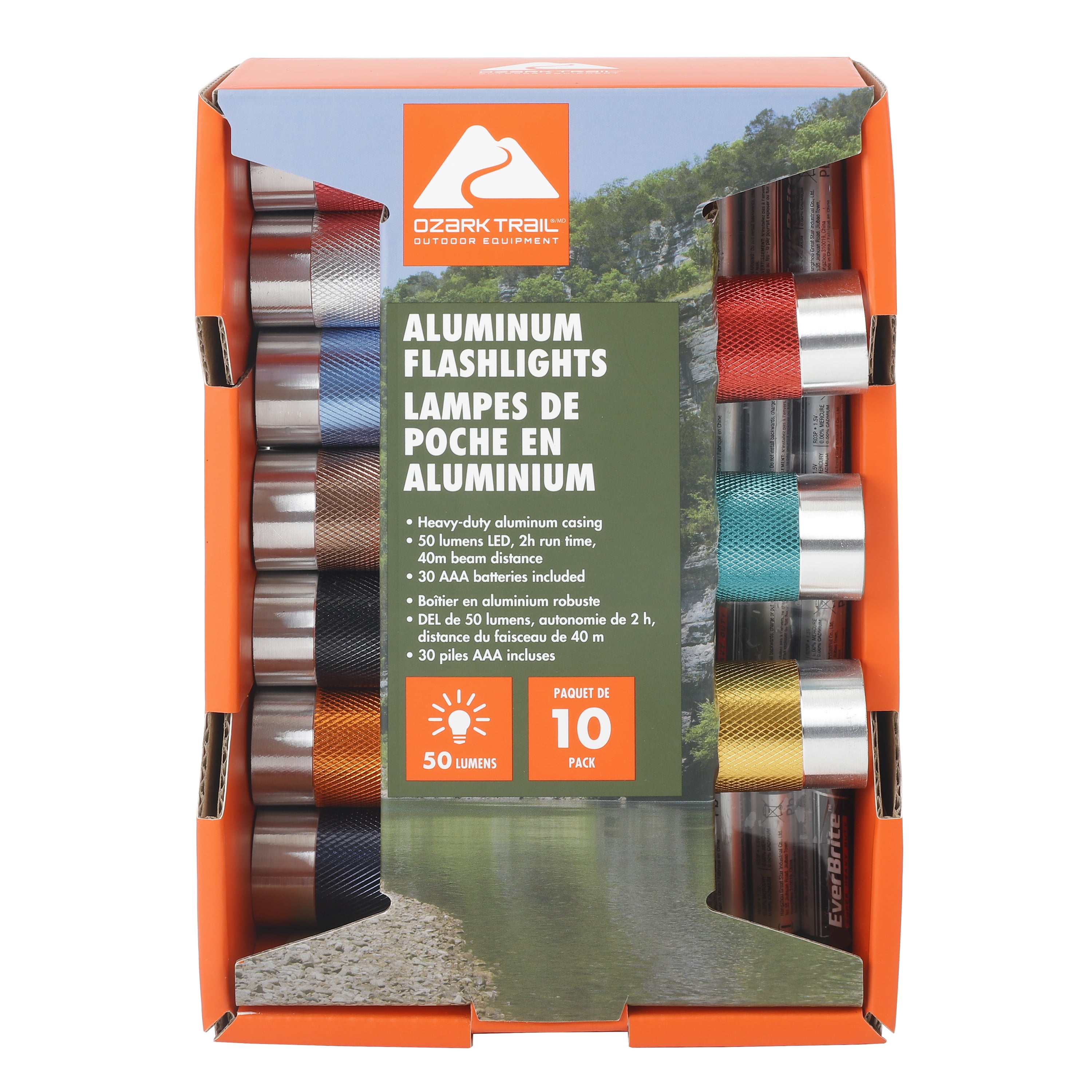 Lot de 10 lampes de poche DEL Ozark Trail, 50 lumens, multicolores, compactes, pour le camping et les urgences