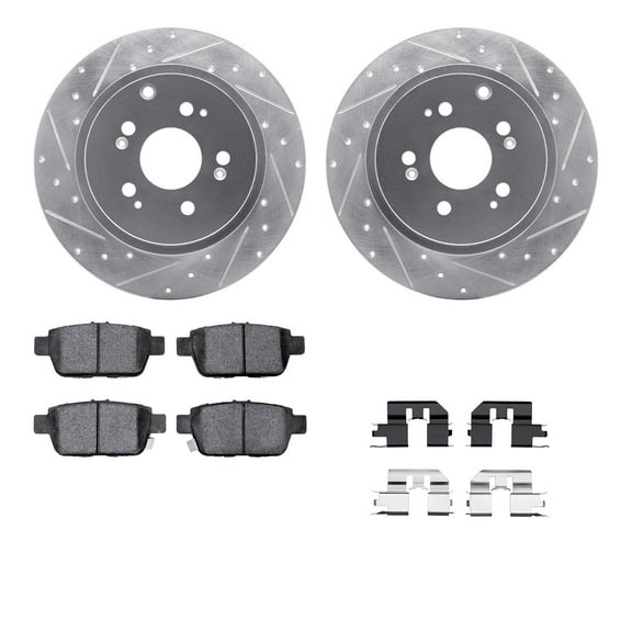 Dynamic Friction Company Rear Brake Rotors-Drilled and Slotted-Silver with 5000 Advanced Brake Pads includes Hardware 7512-59078