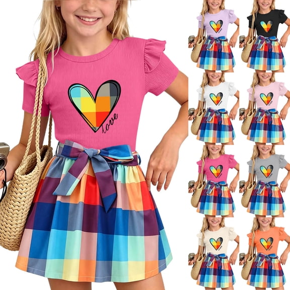 ITSAME Girls Summer Outfits 2-Piece Ruffled Short Sleeve Top and Plaid Print Skirt Kids Fashion Casual Set Hot Pink Size 5-6Y