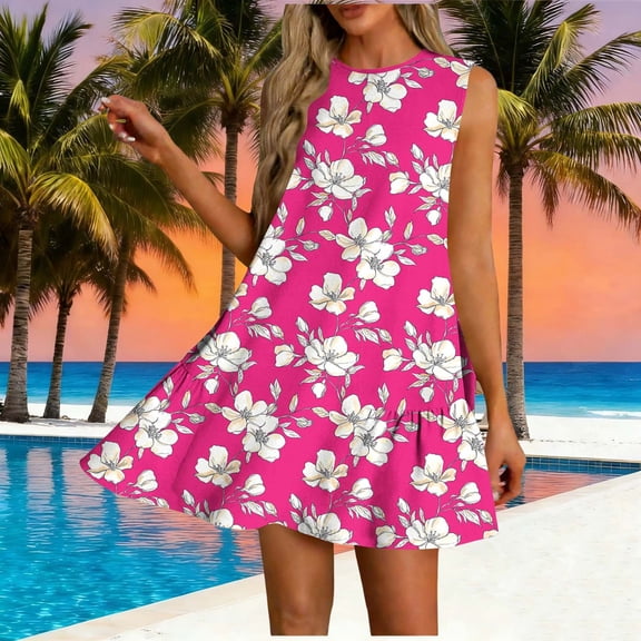 Xdegoge Mini Dress for Women Relaxed Loose Fit Sleeveless Round Neck Boho Dress Floral Print Ruffle Hem Vacation Dresses Summer Beach Cruise Wear