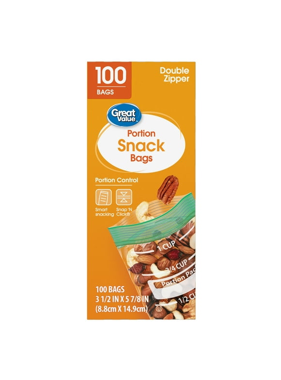 Great Value Fresh Seal Double Zipper Rectangle Portion Snack Bags, 100 Count