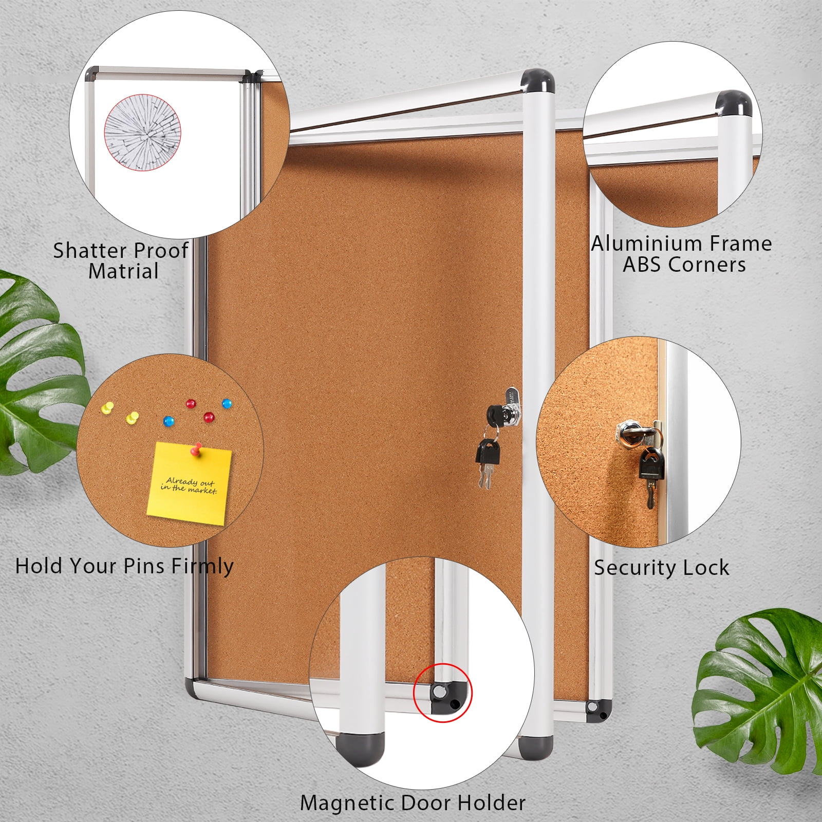 SWANCROWN Enclosed Cork Bulletin Board with Lock 20"x16",Silver Aluminum Frame