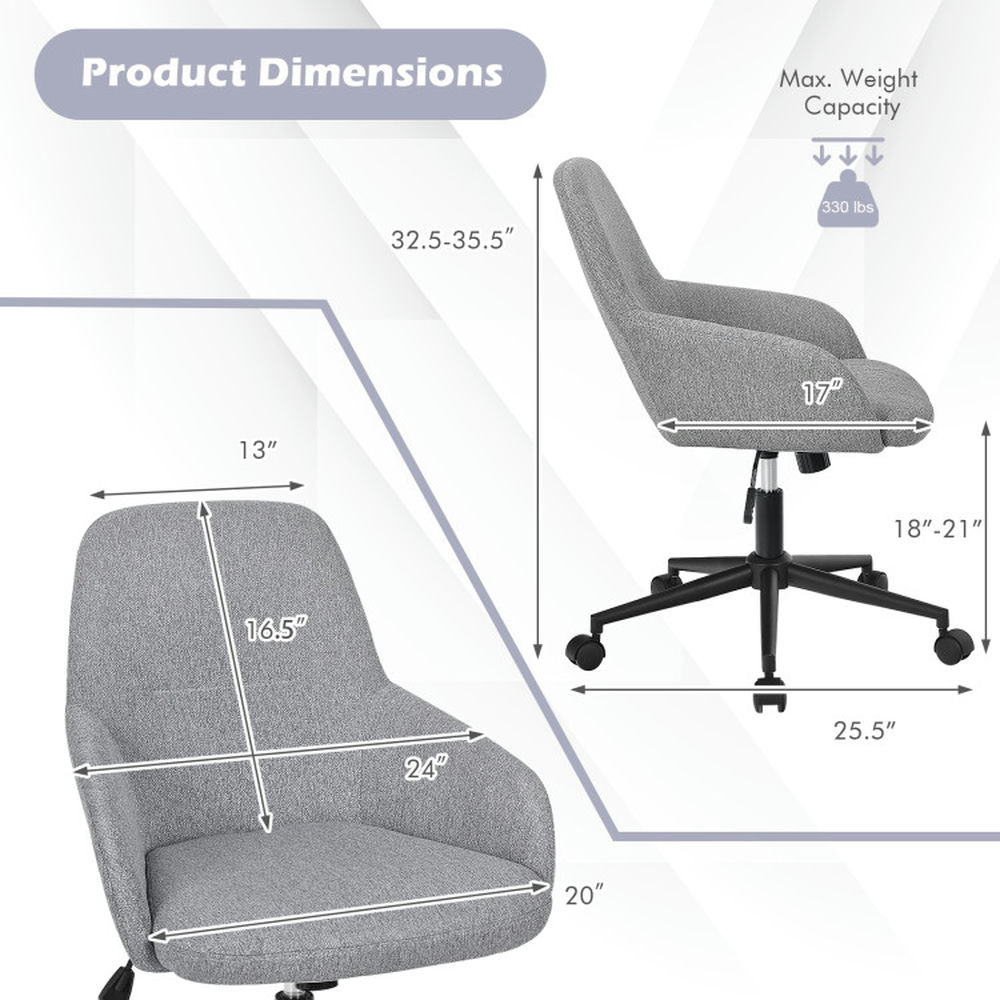 Demi Bonn Fabric Home Office Chair with Rocking Backres, Rolling Work Computer Desk Chair for Home, Bedroom, Study, Gray