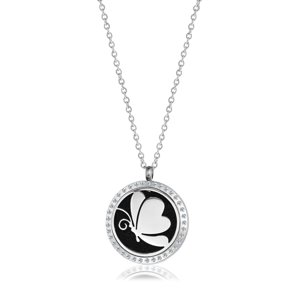 Standard Rhinestone Butterfly Silver Aromatherapy Jewelry Essential Oil Diffuser Necklace for Women with Gift Box
