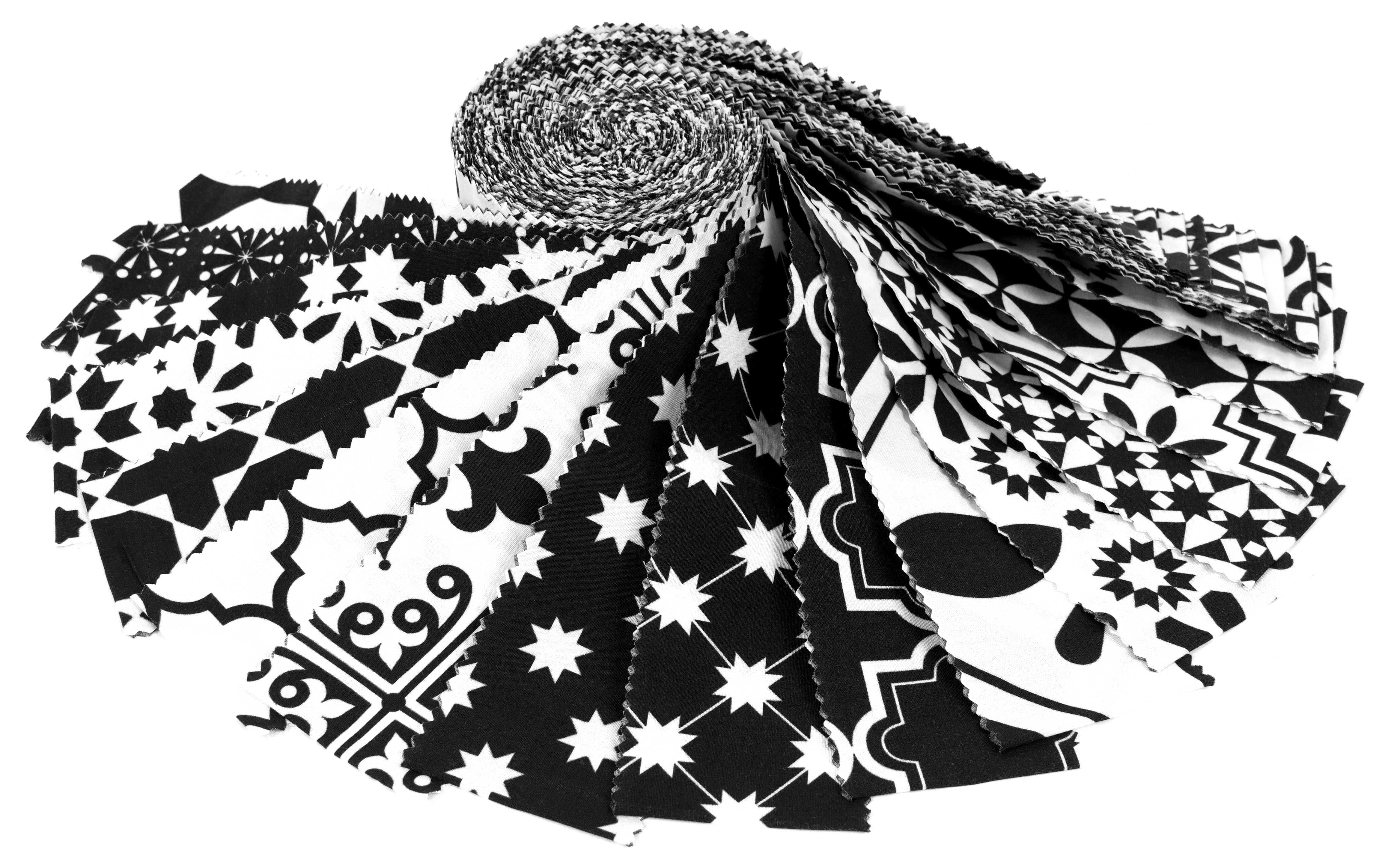 Soimoi 40Pcs Mosaic Print Cotton Precut Fabrics For Quilting Craft Strips 2.5x42inches Jelly Roll - White & Black