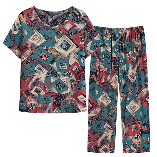 Mefallenssiah Ensemble d'Été pour Femmes Deux Pièces Manches Courtes Col Rond Imprimé Haut Pantalon Ensemble de Pyjama