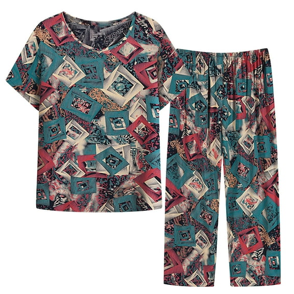 Sakmal Womens Pajama Sets Short Sleeve Cropped 2 Piece Comfy Graphic Ladies Sleepwear