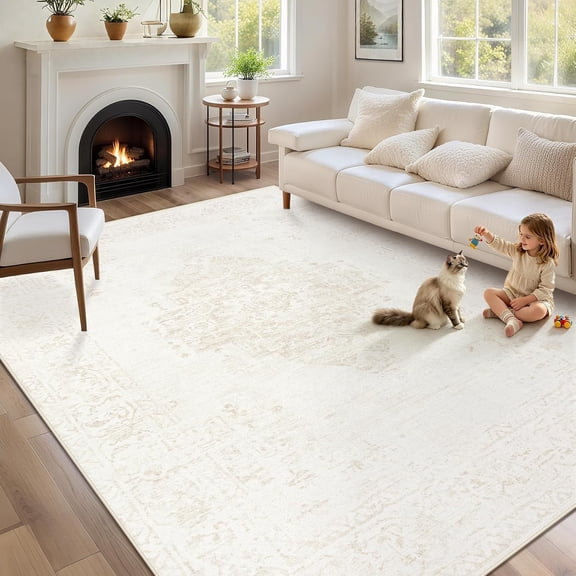 Washable 5' x 7' Rectangular Area Rug in Beige Vintage Neutral Low Pile Non-Slip Indoor Carpet for Living Room Bedroom Dining Room Nursery Office