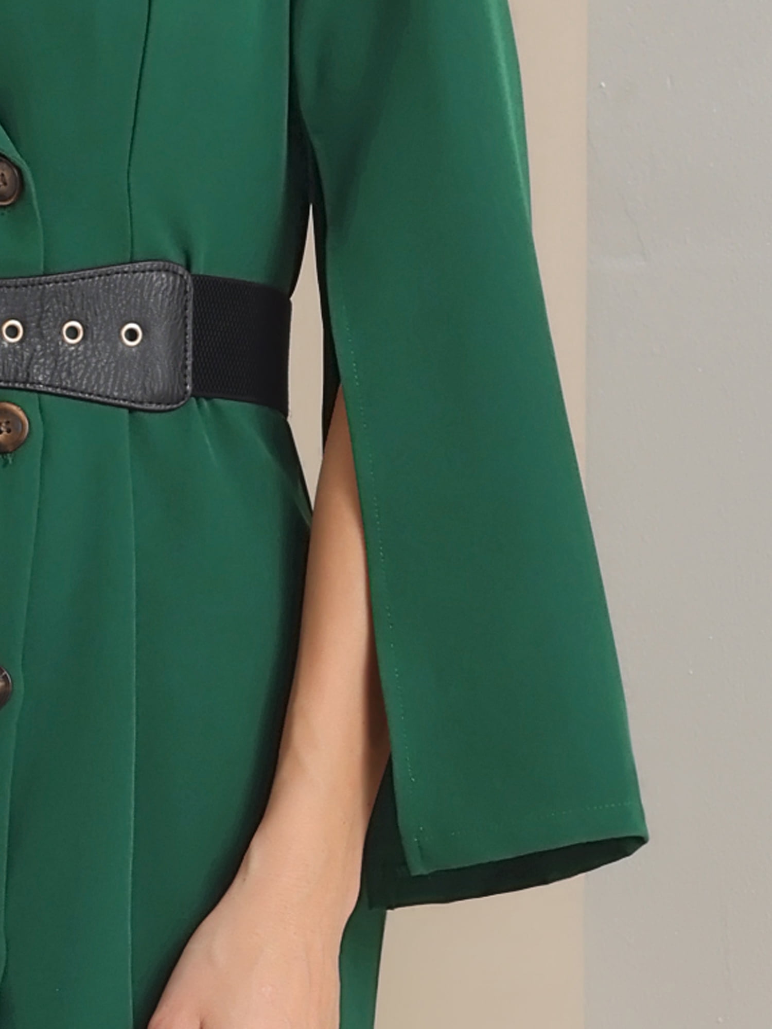 DARING DIVA Elegant Slit Sleeve Button Down Work Belted Blazer Dress L Green