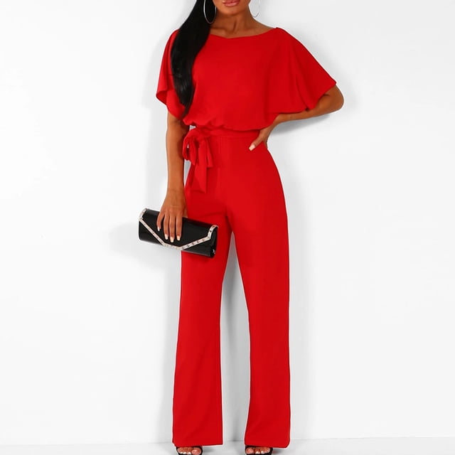 Levmjia Womens Jumpsuits Plus Size Clearance Rounk Neck Solid Summer Bandag Short Sleeve Pants Jumpsuit