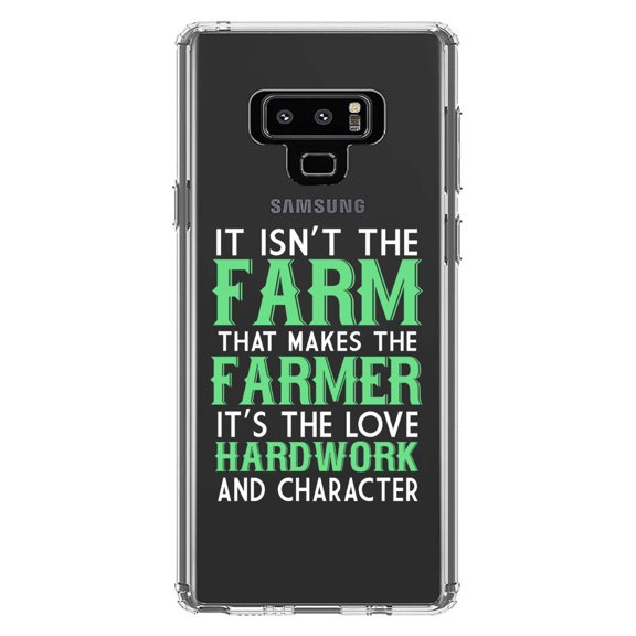 DistinctInk Clear Shockproof Hybrid Case for Samsung Galaxy Note 9 - TPU Bumper Acrylic Back Tempered Glass Screen Protector - Hard Work & Character Make the Farmer