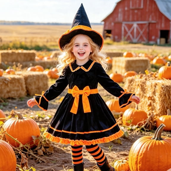 BRGZLK Girls Witch Costumes Velvet Rufflr Cuffs Long Sleeve Soft Cozy Mini Dress with Hat and Belt , Halloween Wizard Dress Up Outfit Orange 11-12 Years