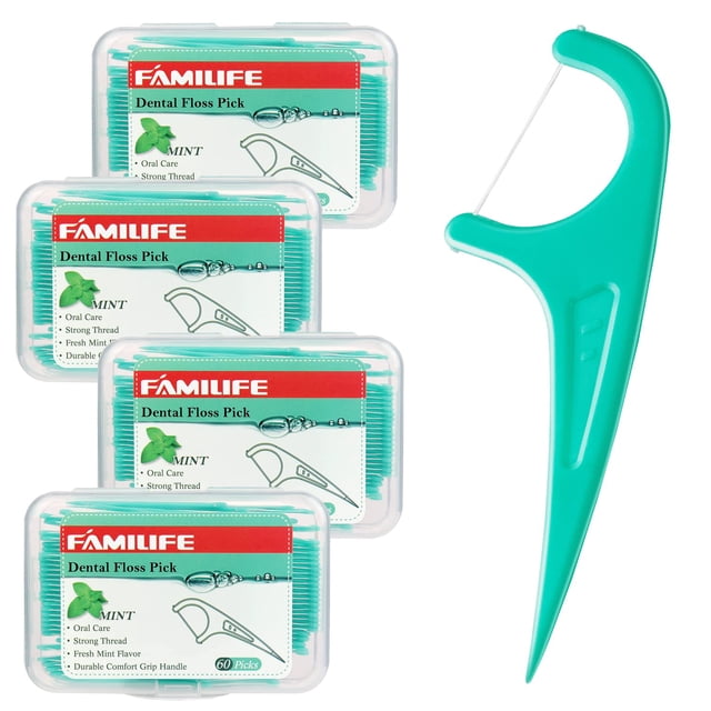 FAMILIFE Floss Picks 240 unidades limpiador de hilo dental de menta palillos de dientes con 4 prácticos estuches de viaje ayuda a combatir las caries y mantener los dientes limpios palitos de hilo den