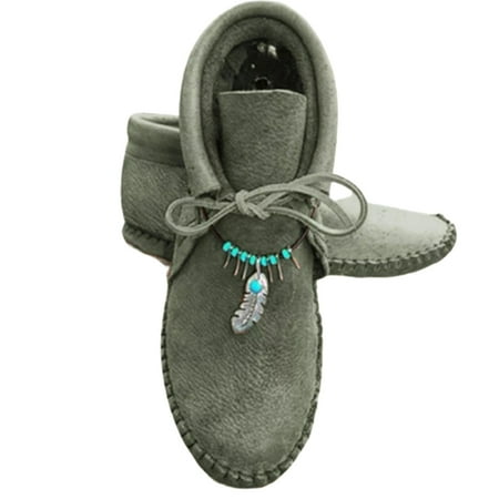 

Women s PU Boots with Feather Chain Front Lace-up Flat Boots Vintage Style Easy to Put on Winter Outdoor Supply 42 Green