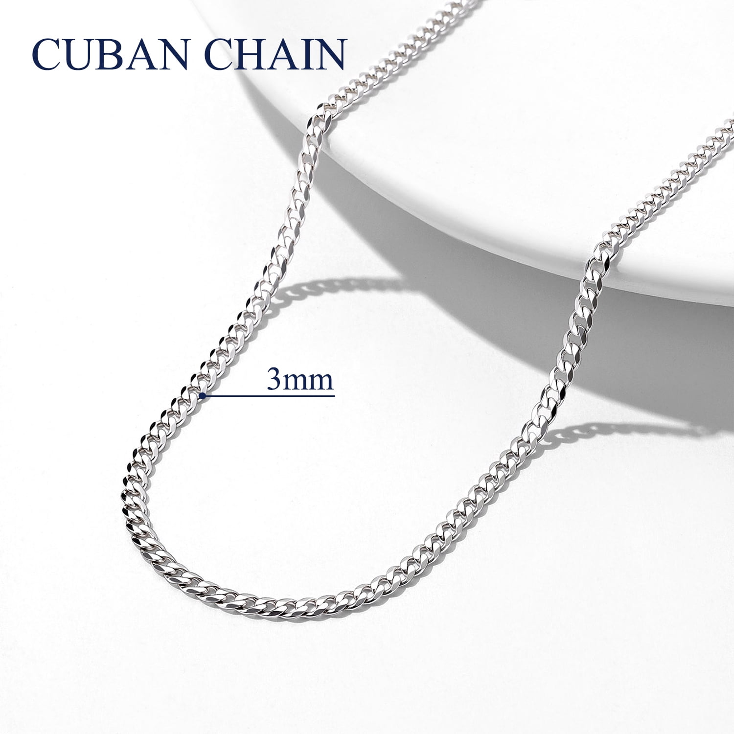 Suplight Solid 925 Sterling Silver Chain Necklace 3mm Flat Curb Cuban Link Chain Jewelry Gift for Men Women