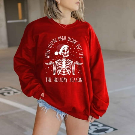 

jsaierl Oversized Sweatshirts for Women Crewneck Long Sleeve Shirts Christmas Skeleton Print Tops Hippie Graphic Blouse Tee Xmas Pullover Gifts