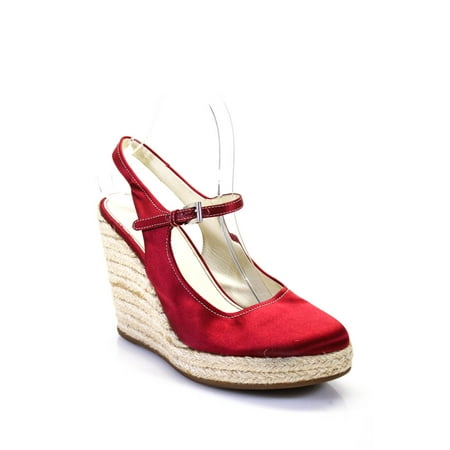 

Pre-owned|Prada Womens Satin Ankle Strap Espadrille Wedge Sandals Red Size 38 8