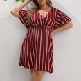 thumbnail image 4 of AURA Plus Size Striped V Neck Midi Dress Ruffle Sleeve High Waist Casual Boho Work Summer Dress for Women, 4 of 8