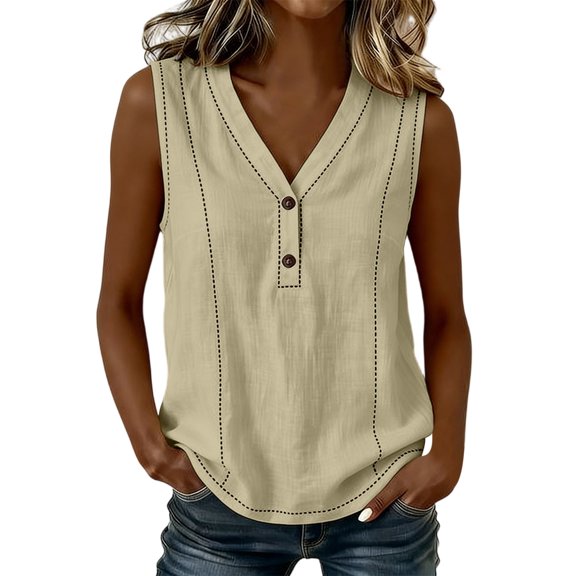 Bosfbaoi Womens Blouse V Neck Henley Relaxed Fit Sleeveless Stitch Detail Solid Casual Chic Tank Tops for Women