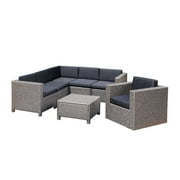 Puerta 6 Seater Wicker V-Shaped Sofa and Swivel Chair Set - Mixed Black Cushions