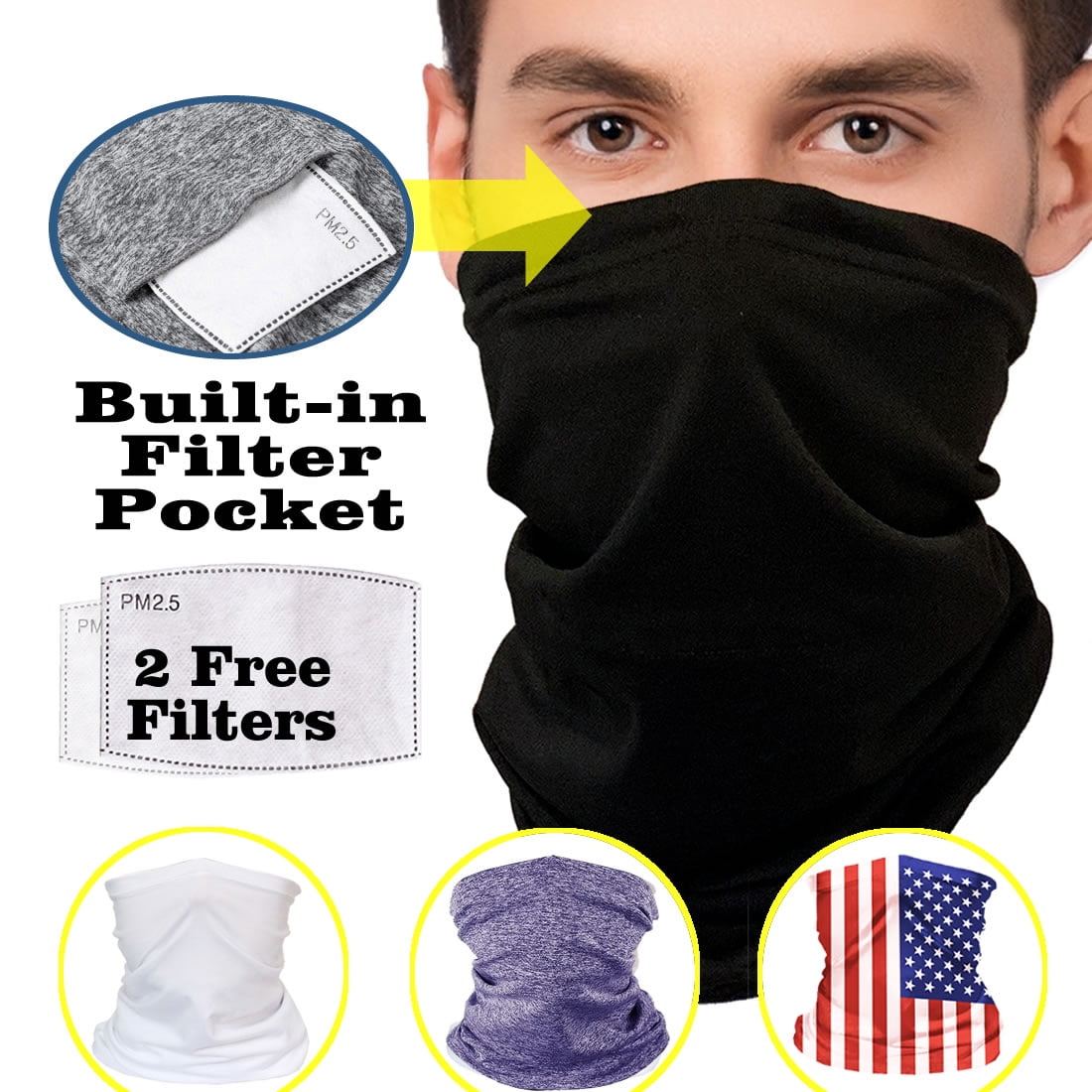 Neck Gaiter Scarf Face Cover Bandanas with Safety Filters Anti-Dust Wind Washable For Men Women Outdoors 