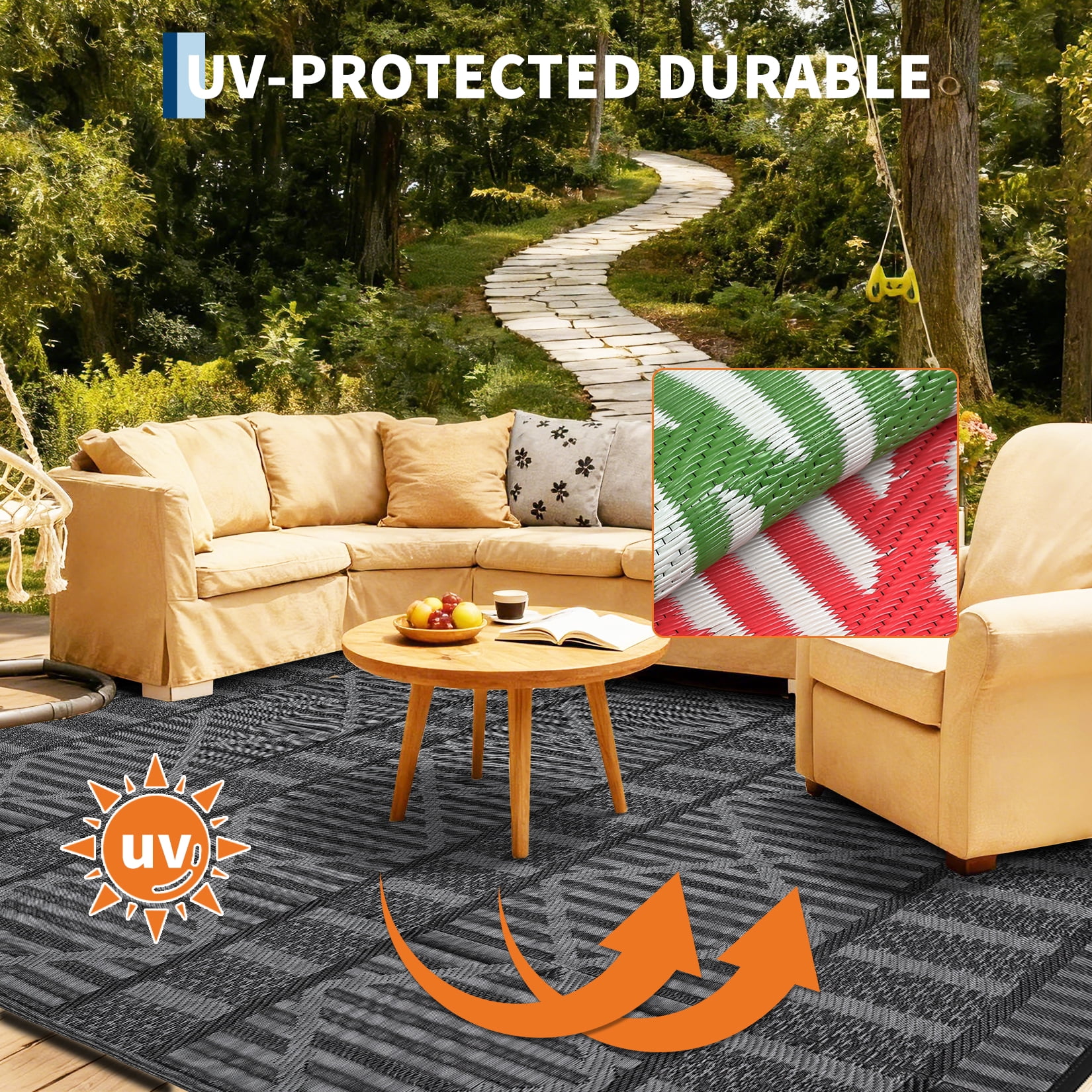 HIWEAVER 9' x 18' Gray/Black Outdoor Rug PP Plastic Straw Woven Waterproof Patio Rug with Border Portable Outside Carpet for Balcony Deck Picnic Garden Decor